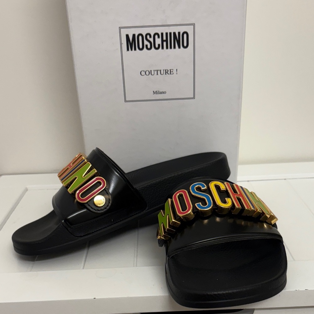 Moschino Black Slides with Colorful Logo